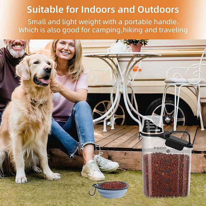 3-5Lbs Small Cat and Dog Food Storage Containers BPA Free, Airtight Pet Food Storage Containers with Large Pour Spout/1 Measuring Cup/ 4 Safety Locks and Pet Folding Bowl (Black)