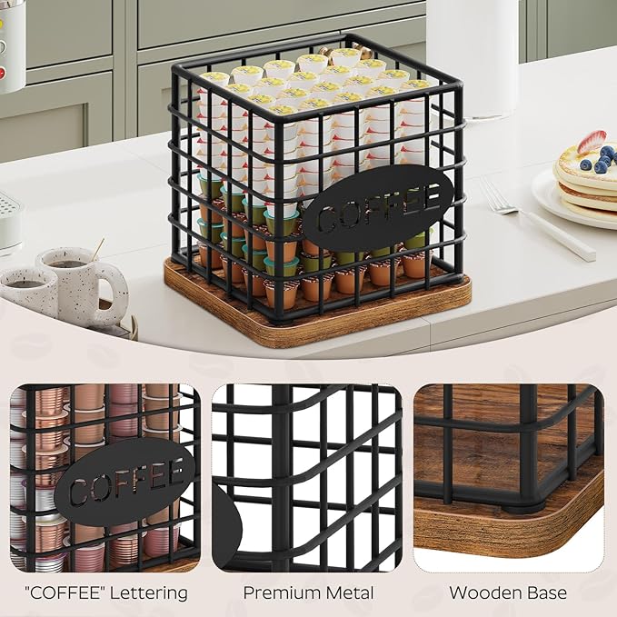 Coffee Pod Holder Organizer, Large Capacity Coffee Pod Basket for K Cup, Coffee Capsule Storage Basket with Wooden Base, Space Saving, for Kitchen Countertop, Black and Rustic Brown KH10BR