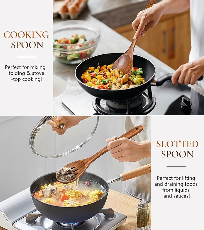 2Pcs Wooden Spoons for Cooking, Natural Premium Teak Wooden Spoon & Slotted Spoon, Good Grip Large Cooking Spoons Spatula, Heat Resistant Wooden Kitchen Cooking Utensils Set for Nonstick Cookware