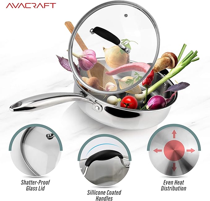 AVACRAFT 18/10 Tri-Ply Stainless Steel Saute Pan with Lid, Helper Handle, Induction & Stovetop, Versatile Stainless Steel Skillet, Cookware (3.5 Quarts)