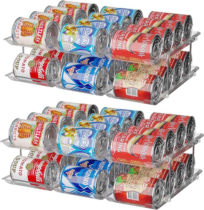 cjc 2 Pack 3 Sets 2 Tiers Clear Can Organizer for Pantry, Holds 48 Cans Stackable Can Organizer for Fridge, Soda Pantry Organizers and Storage Auto-Rolling & Free Combination for Kitchen Cabinet