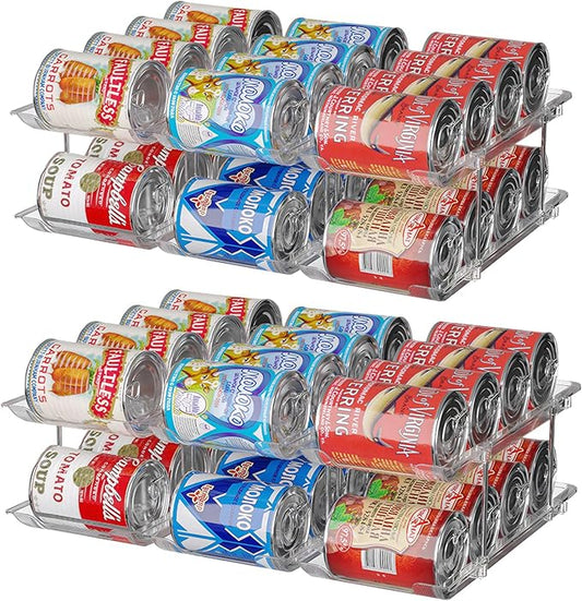 cjc 2 Pack 3 Sets 2 Tiers Clear Can Organizer for Pantry, Holds 48 Cans Stackable Can Organizer for Fridge, Soda Pantry Organizers and Storage Auto-Rolling & Free Combination for Kitchen Cabinet