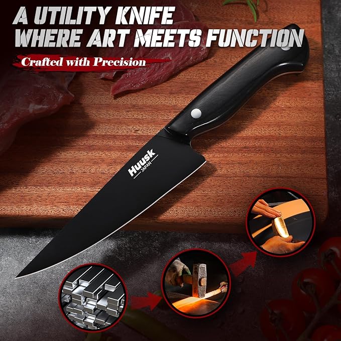 Huusk Japanese Kitchen Utility Knife 5.7in - Titanium Coating Blade Small Kitchen Knife, Sharp Mini Chef Knives for All Purpose, High Carbon Stainless Small Chef Knifes, Fathers' Day Gifts