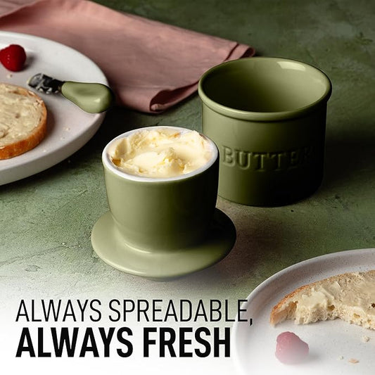 Zulay Kitchen Butter Crock With Lid & Spreader Knife for Countertop - Ceramic French Butter Dish Keeper For Fresh & Spreadable Butter - Cypress Green