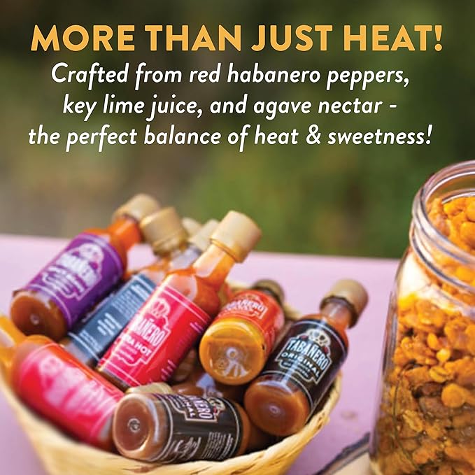 Tabañero Variety Hot Sauce Gift Set, 4 Pack, Kit Includes Peach Bourbon, Sriracha Honey, Key Lime Habanero, Sweet & Spicy, 1.7 oz Mini Glass Bottles, All Natural, Gluten Free, Low Sodium, Vegan, Kosher, Made in the USA