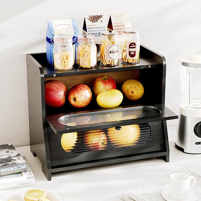 Bread Box for Kitchen Countertop,Double Layer Large Capacity Bamboo Bread Storage Container with Acrylic Wavy Door Panel for Kitchen Counter,Cabinet,Pantry(Black)