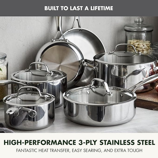 GreenPan Valencia Pro Stainless Steel 10 Piece Cookware Pots and Pans Set, Induction Suitable Mirrored Tri-Ply, Ceramic Nonstick PFAS-Free Coating, Multi Clad, Dishwasher Oven & Broiler Safe