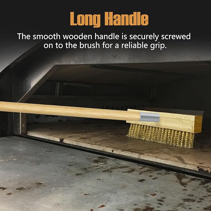 LRUI Pizza Oven Brush with Scraper,41-Inch Long Wood Handle Brass Bristles,Outdoor Pizza Oven Brush.