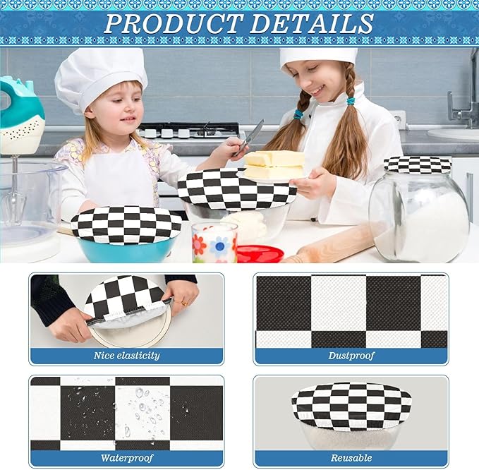 5 Pcs Bowl Covers Reusable in 5 Size Elastic Food Cover Cloth Lids Fresh Keeping Dish Cookware Bakeware Fabric Covers Lids for Food Leftovers Fruits Storage Checkered Black