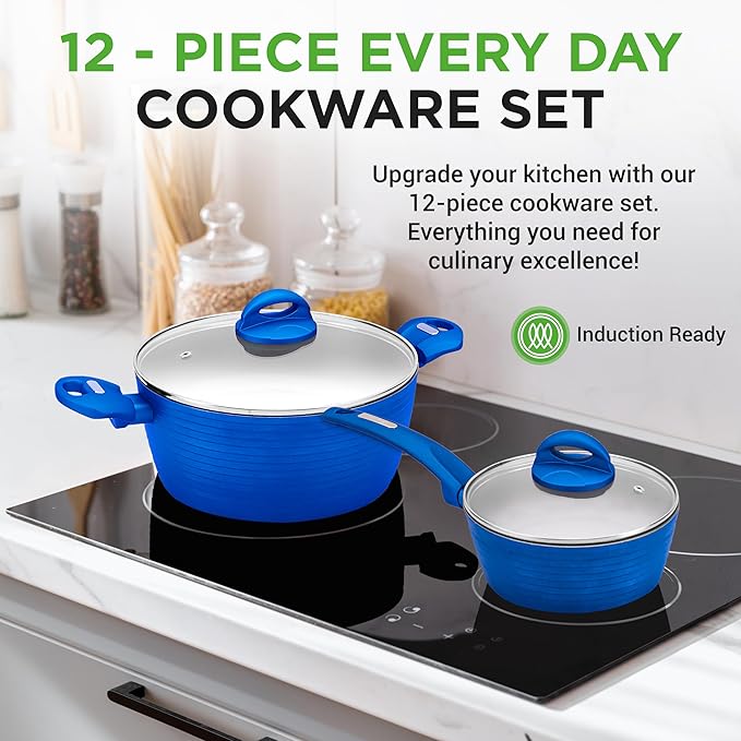 NutriChef 12-Pc Blue Nonstick Cookware Set - Professional Pots & Pans with Durable Coating, All Cooktops Compatible, Including Induction