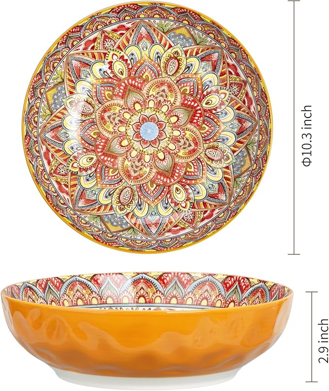 75 Oz Serving Bowls,Bohemian Style Large Porcelain Dishes for Entertaining Parties,Big Bowls for Eating Soup, Salad, Pasta, Fruit, Chips, 10.3 Inch Diameter (orange Beige)
