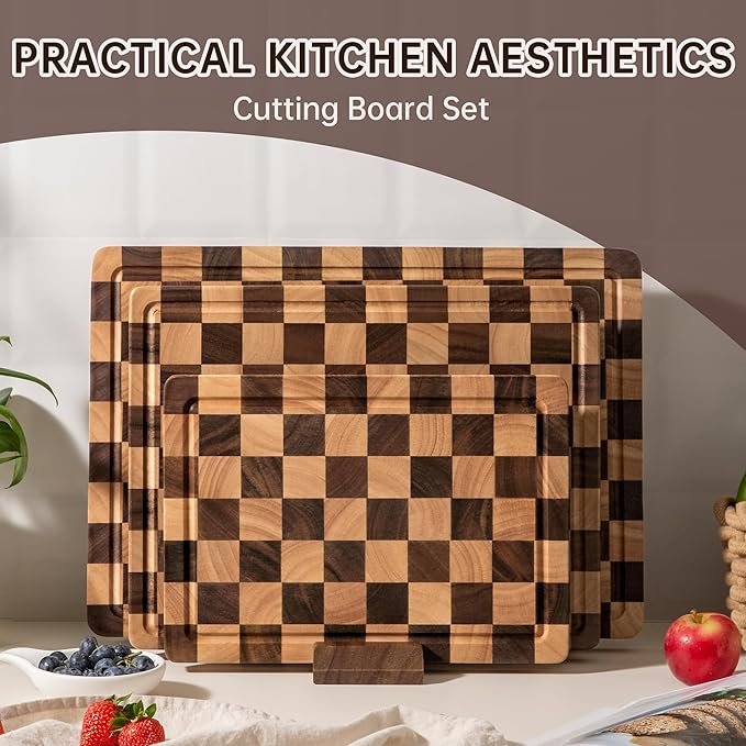 Cutting Board Set, Acacia Wood Checkered Cutting Boards for Kitchen, 3 pcs Chopping Board with Juice Grooves & Handles, Butcher Block Serving Tray for Meat, Vegetables and Fruits with Gift Box