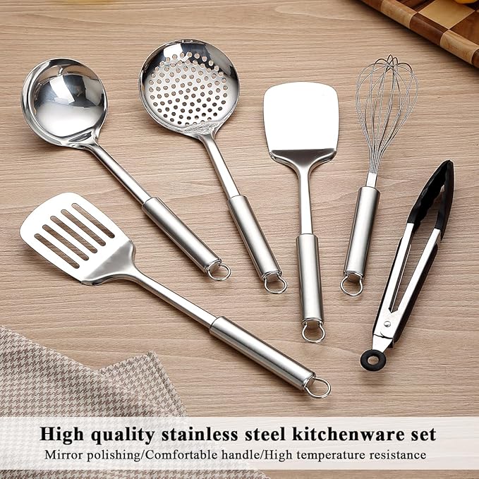 Stainless Steel Cooking Utensils Set 6 Pieces, Kitchen Tools Set Include Metal Spatula Set, Skimmer, Ladle, Tong, Whisk, Kitchen Gadgets Essentials New Home Must Have