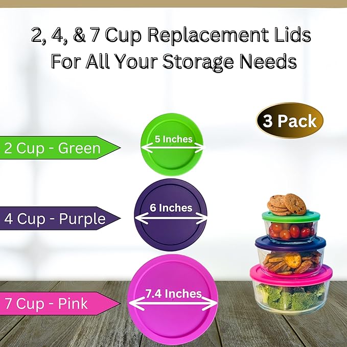 2, 4 & 7 Cup Spring Green, Purple, Pink Replacement Lids/Covers for Pyrex, Anchor Hocking & KlareWare Storage Bowls *Lids Only Glass Container Not Included* (3 Pack *One of Each Size*)