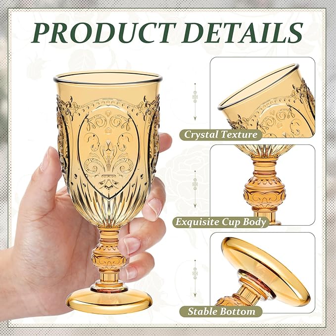 24 Pcs Plastic Goblets 7.5oz Vintage Goblet Plastic Wine Glasses Colored Retro Embossed Water Goblets for Wine Bar Juice Baby Shower Wedding Reception Grand Event Party (Amber)