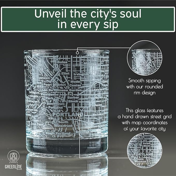 Greenline Goods Whiskey Glasses - 10 Oz Tumbler Gift Set for Portland lovers, Etched with Portland Map Old Fashioned Rocks Glass - Set of 2