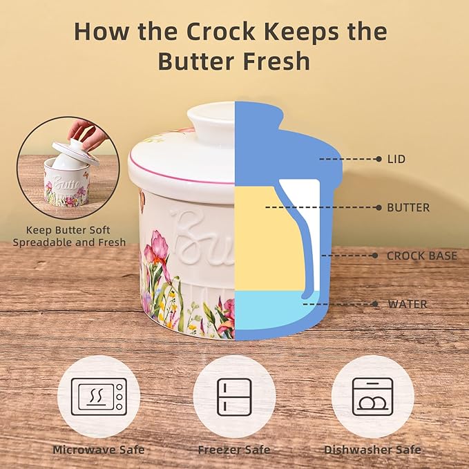 Ceramic Butter Crock With Water Line, Keeper for Counter, French Dish With Lid for Spreadable Fresh Butter (Spring Pink)