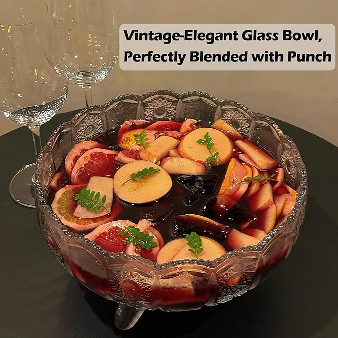Vintage Crystal Glass Punch Bowl with Ladle - 1 Gallon Unique Design Drink Dispenser - Heavy and Sturdy PunchBowl Set for Centerpiece Table Decorations at Parties