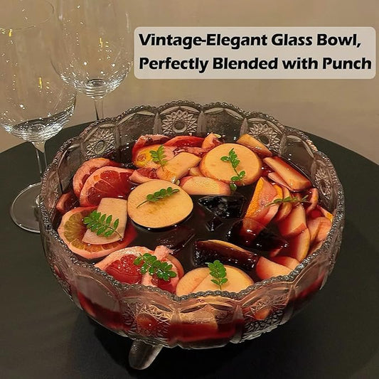 Vintage Crystal Glass Punch Bowl with Ladle - 1 Gallon Unique Design Drink Dispenser - Heavy and Sturdy PunchBowl Set for Centerpiece Table Decorations at Parties