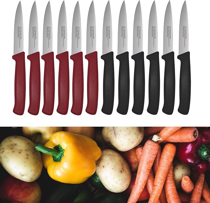 Paring Knife Set, 12 Pieces Utility Knives - MATTSTONE HILL Commercial-Grade Small Kitchen Knife, German Steel Blade, Restaurant Industry Utility Knife 12-Piece Set, Black & Red Handle