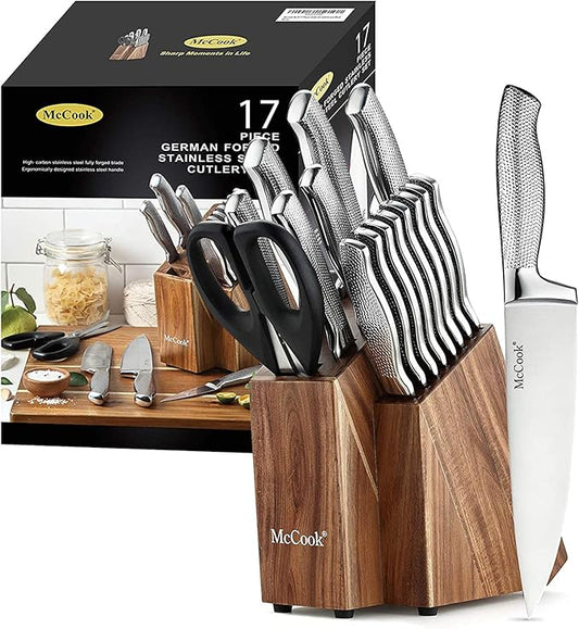 McCook® Premium Knife Sets,Full Tang Hammered German Stainless Steel Kitchen Knife Set with 8 Pieces Steak Knives and Acacia Block