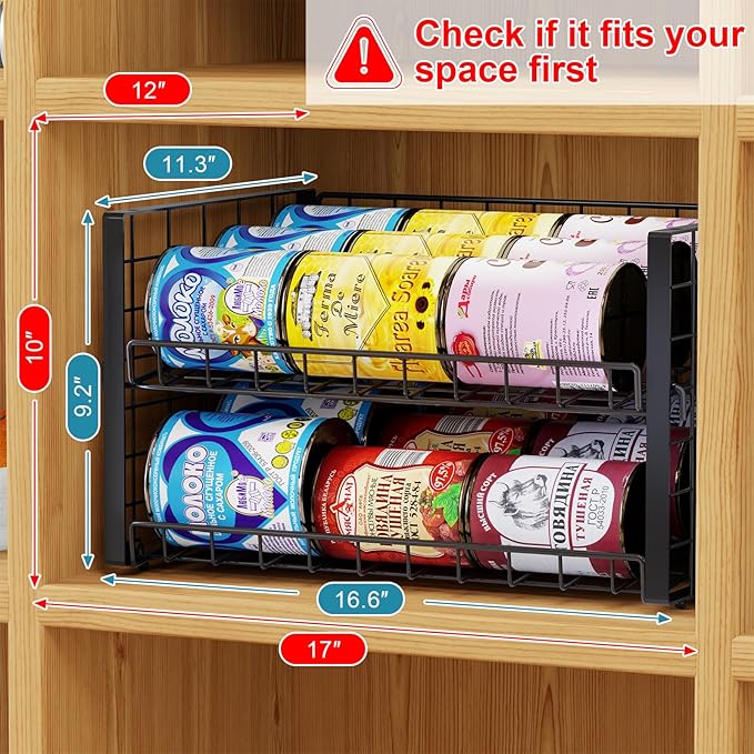 2-Pack Stackable Can Organizer for Pantry, Adjustable Can Holder Rack for Canned Food Soda Drink Goods Storage up to 36 Cans Storage, 2 Tier, Black