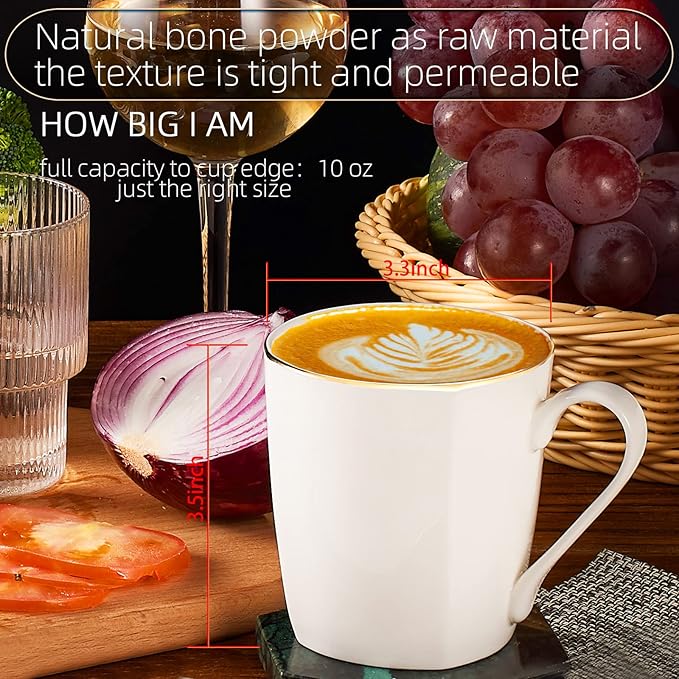 White Bone China Mugs, 10 oz Porcelain Coffee Cups Ceramic, Over 45% Bone Content Luxury Lightweight Thin Mugs Set of 2 for Cappuccino Espresso Latte Mocha Tea, Microwave Safe