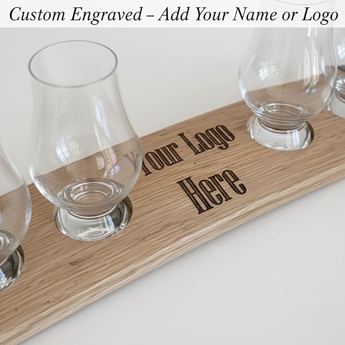 Personalized Premium 4 Glass Whiskey Flight/Engraved Center/Personalized Gift/Crystal Glass Option/Natural Oak Color (Your Logo/Design)