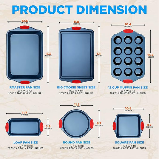 NutriChef 6-Piece Bakeware Set - Nonstick Carbon Steel Baking Pans with Red Silicone Handles, Blue Coating, Durable & Stain-Resistant, Perfect for Baking Cakes, Muffins, Cookies (Blue)