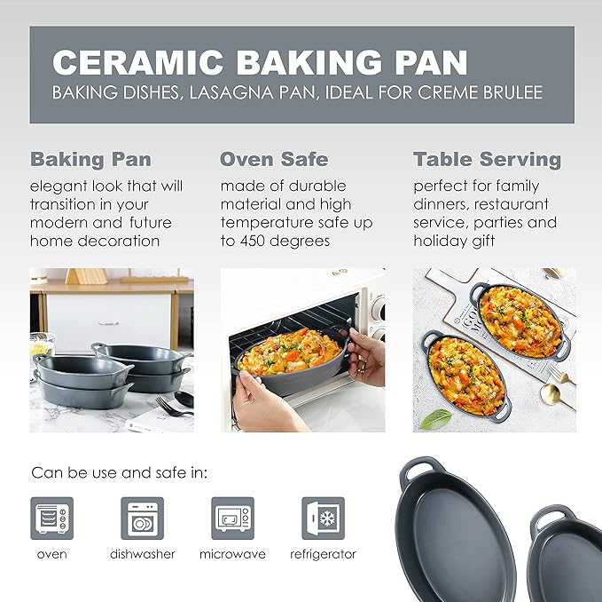 Bruntmor 8" x 5" Oval Porcelain Ceramic Deep Dish Pie Pan Set of 4, Double Handle Au Gratin Baking Dishes, Oven Safe Roasting Lasagna Pan For kitchen- Gray