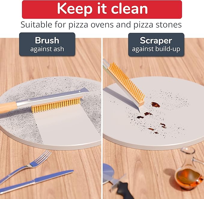 Pizza Oven Accessories Set - 3 Piece Pizza Making Kit with Pizza Peel, Pizza Oven & Stone Brush with Scraper, Turning Fork & Bubble Popper - Tools for Indoor Outdoor Brick Wood Gas Ovens