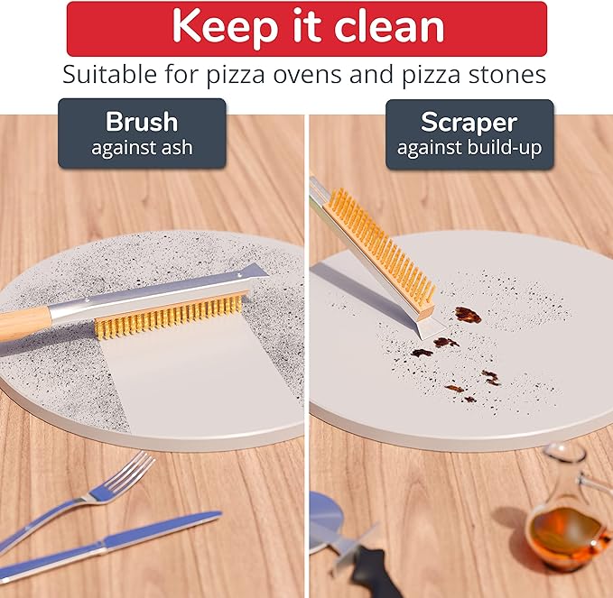 26” Pizza Oven Brush with Stone Scraper - Heat Resistant Stainless Steel Bristles, Extra Long Handle - Compatible with Ooni Ovens - Includes Spare Head