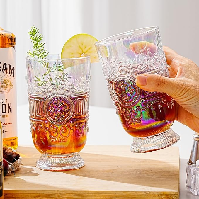 Sungmor Vintage Iridescent Tumblers - Set of 2 Embossed Glasses, 10.8 oz Decorative Drinking Cups for Water, Juice or Cocktails - Elegant Baroque Glassware for Party or Special Occasions