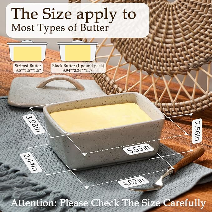 NUTRIUPS Ceramic Butter Dish with Lid for Countertop, Vintage European Butter Holder with Lid, Covered Butter Dish,Holds 1 Stick (Grey, Uniform size)