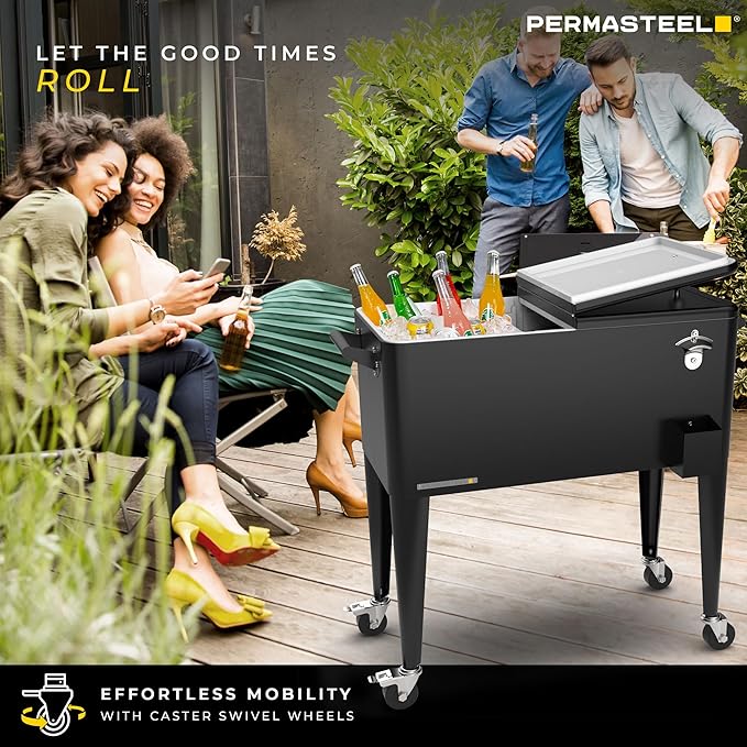 Permasteel 80 Quart Party Cooler, Rolling Ice Chest with Wheels and Handles for Indoor Outdoor Patio