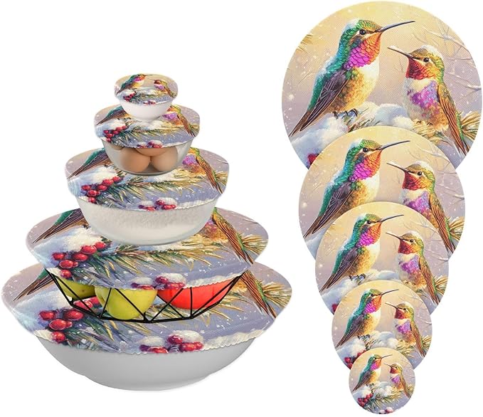 5 Pcs Bowl Covers Reusable in 5 Size Elastic Food Cover Cloth Lids Fresh Keeping Dish Cookware Bakeware Fabric Covers Lids for Food Leftovers Fruits Storage Winter Hummingbirds and Pine Tre