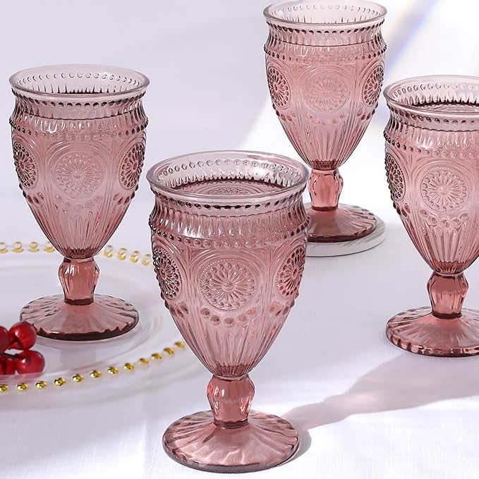 4Pcs Purple Wine Glasses, 12oz Glass Goblets, Vintage Drinking Glassware, Colored Glassware Set for Party, Home & Wedding