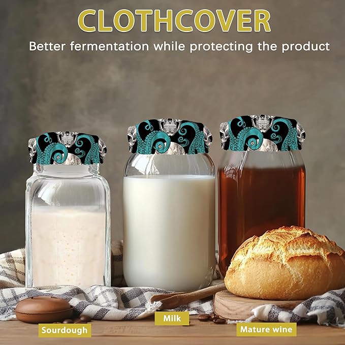 Skull and Octopus Sourdough Jar Cover Reusable Cloth Lid for Sour Dough Starter Jar,5 Pack Bread Fermentation Container Tops Elastic Fabric Caps