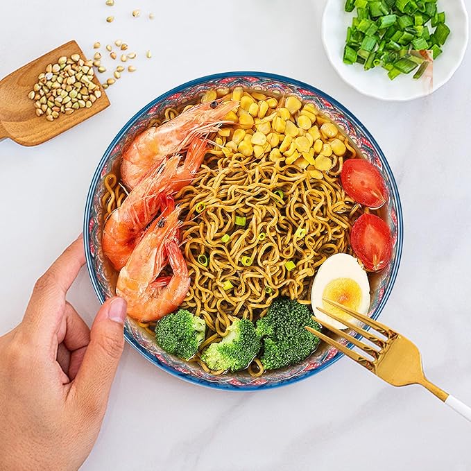 75 Oz Serving Bowls,Bohemian Style Large Porcelain Dishes for Entertaining Parties,Big Bowls for Eating Soup, Salad, Pasta, Fruit, Chips, 10.3 Inch Diameter (blue.red)