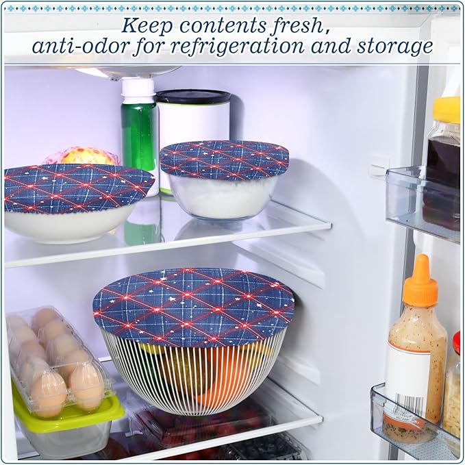 5 Pcs Bowl Covers Reusable in 5 Size Elastic Food Cover Cloth Lids Fresh Keeping Dish Cookware Bakeware Fabric Covers Lids for Food Leftovers Fruits Storage Blue Retro Plaid Stars