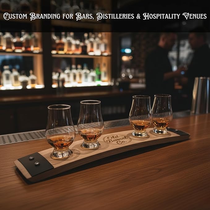 Personalized Premium 4 Glass Whiskey Flight/Engraved Center/Personalized Gift/Crystal Glass Option/Natural Oak Color (Your Logo/Design)