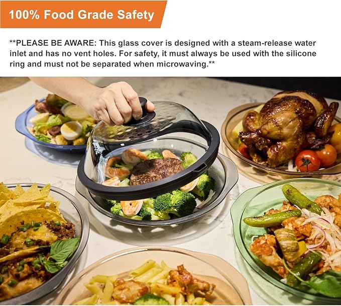 OEC Lightweight Tempered Glass Lid with Water Inlet – Food Splatter Cover, Food-Grade & BPA-Free, Fits Most Plates and Bowls (9.5")