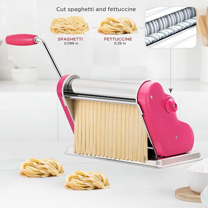 PASTALINDA Classic 260 Pasta Maker Machine, 26 cm Wide Rollers, 9 Thickness Positions, 2 Cutting Positions, Stainless Steel. Includes Reinforced Hand Crank And Two Clamps (Fuchsia)