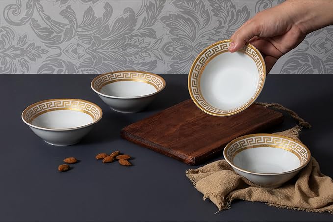 32 Piece Porcelain Dinnerware Sets – Service for 8 Plates and Bowls – White and Gold Greek Key Design Dishware for Kitchen, Formal Dining or Everyday Meals (Meander Gold)