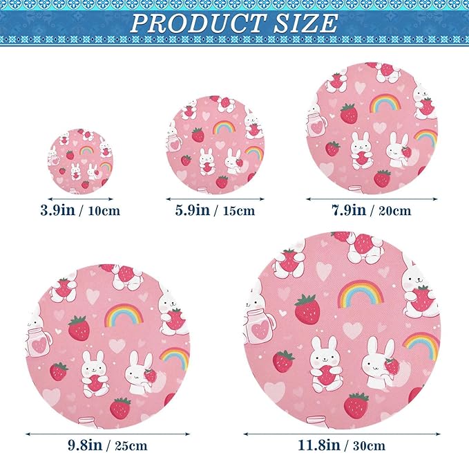 5 Pcs Bowl Covers Reusable in 5 Size Elastic Food Cover Cloth Lids Fresh Keeping Dish Cookware Bakeware Fabric Covers Lids for Food Leftovers Fruits Storage Cute Strawberry Rainbow Rabbit