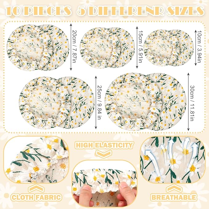 Patelai 10 Pcs Bowl Covers Reusable in 5 Size Stretch Cloth Fabric Elastic Food Storage Bowl Covers Bread Sourdough Lids for Proofing Food Fruits Leftover(Chrysanthemum)