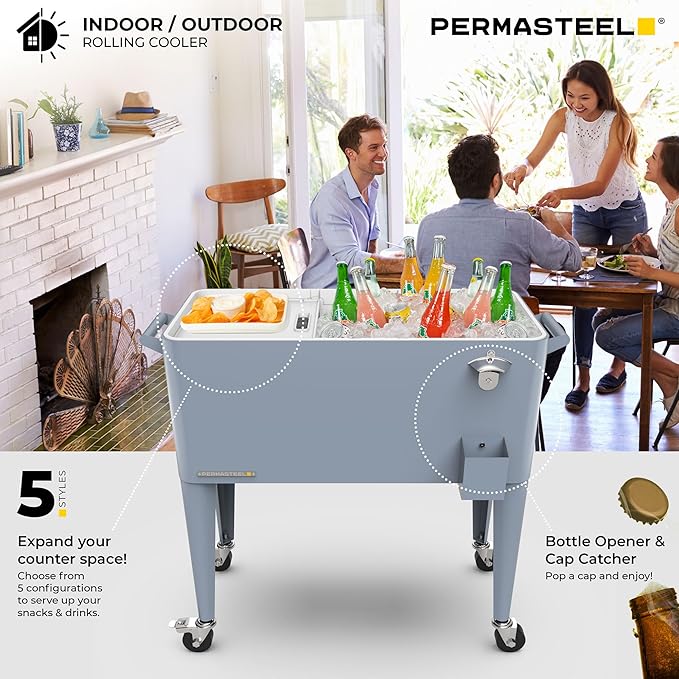Permasteel 80 Quart Party Cooler, Rolling Ice Chest with Wheels and Handles for Indoor Outdoor Patio