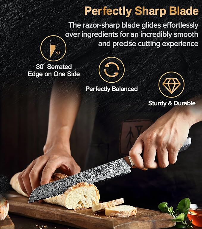 XINZUO Bread Knife 8 Inch,Professional Damascus Serrated Knife for Homemade Bread,Razor Sharp,Wide Wavy Edge for Bread, Bagels,Pizza and Cake, Gift Box Package