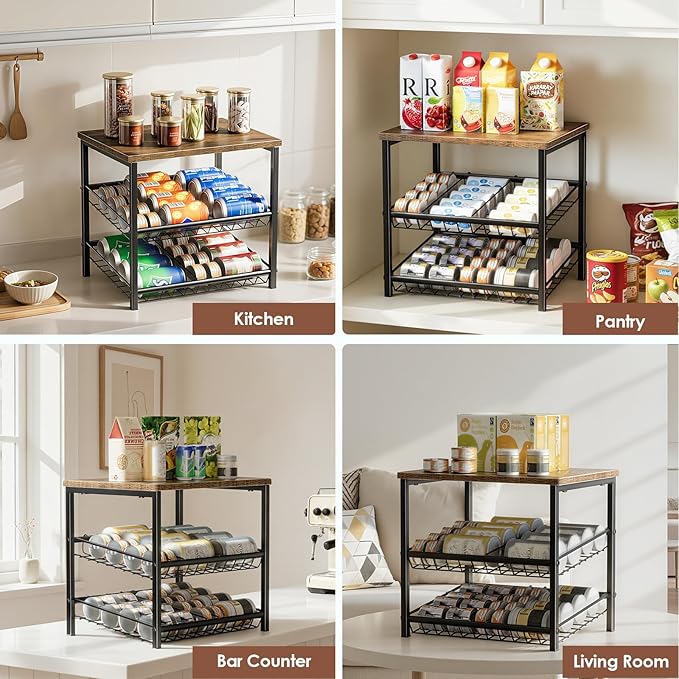 3 Tier Can Organizer for Pantry, Adjustable Can Rack Organizer, Automatic Rolling Storage Holder for Various Ounces of Canned Food Drinks Pet Food, Ideal for Countertop Kitchen Cabinet