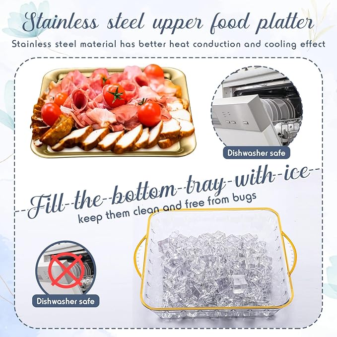 Baderke 4 Set 9" Chilled Serving Tray for Parties with Compartments Ice Chilled Party Platter Charcuterie Serving Board Cold Dish Dip with Forks Tongs for Fruit Seafood Vegetable Appetizer (Gold)